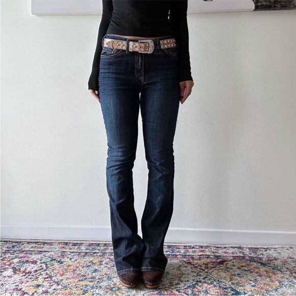 Y2K dark wash mid rise flared jeans by Nicole Benisti - Picture 2 of 7